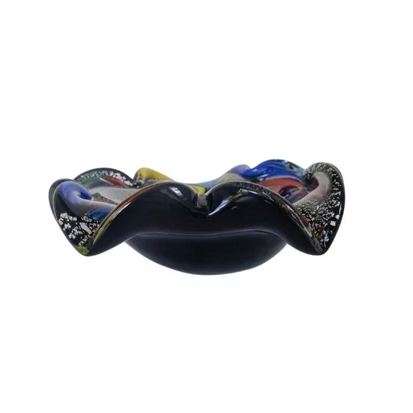 Vtg Avem Murano Glass Bowl Rolled Edges Silver Detail Black Multicolor Ashtray